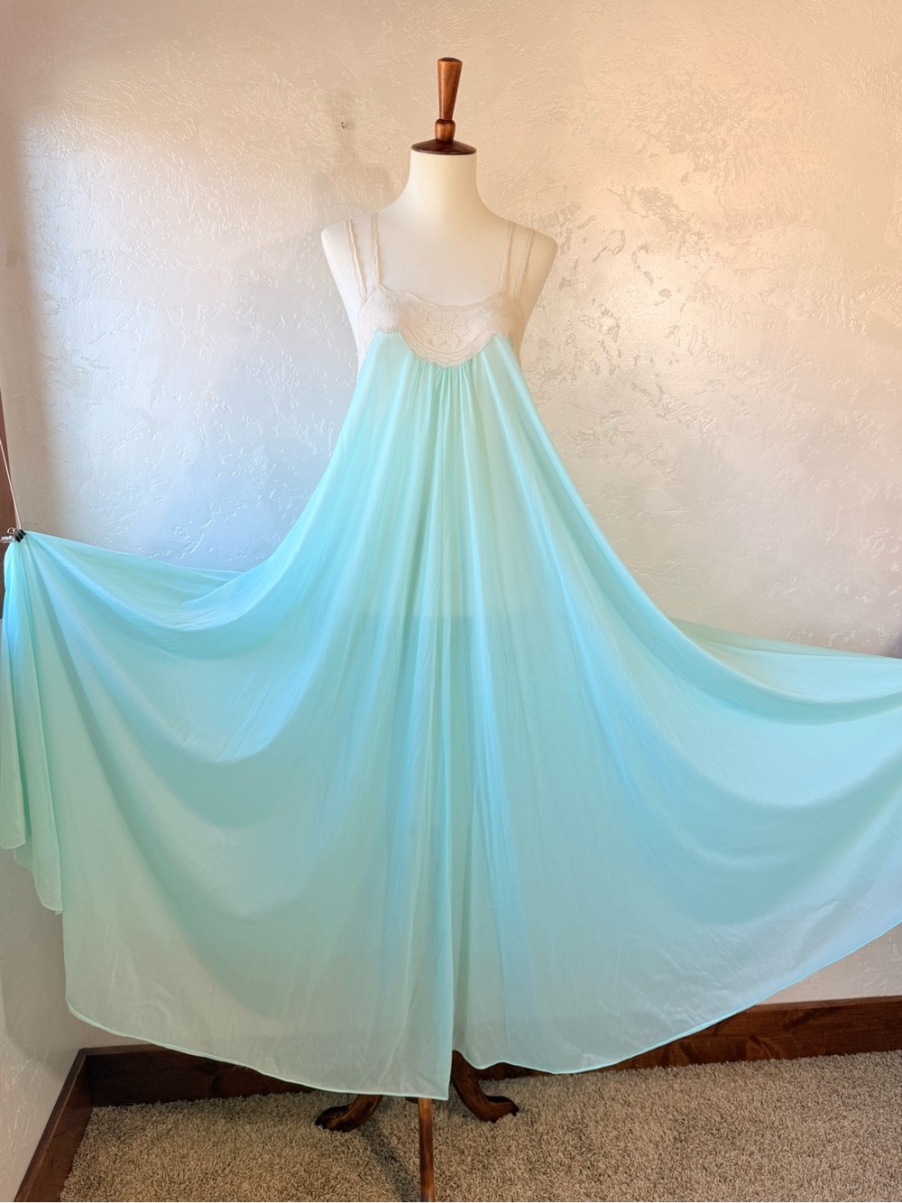 Vintage 1970s Vanity Fair Aqua Nylon Lace Nightgown | Size S Full Sweep